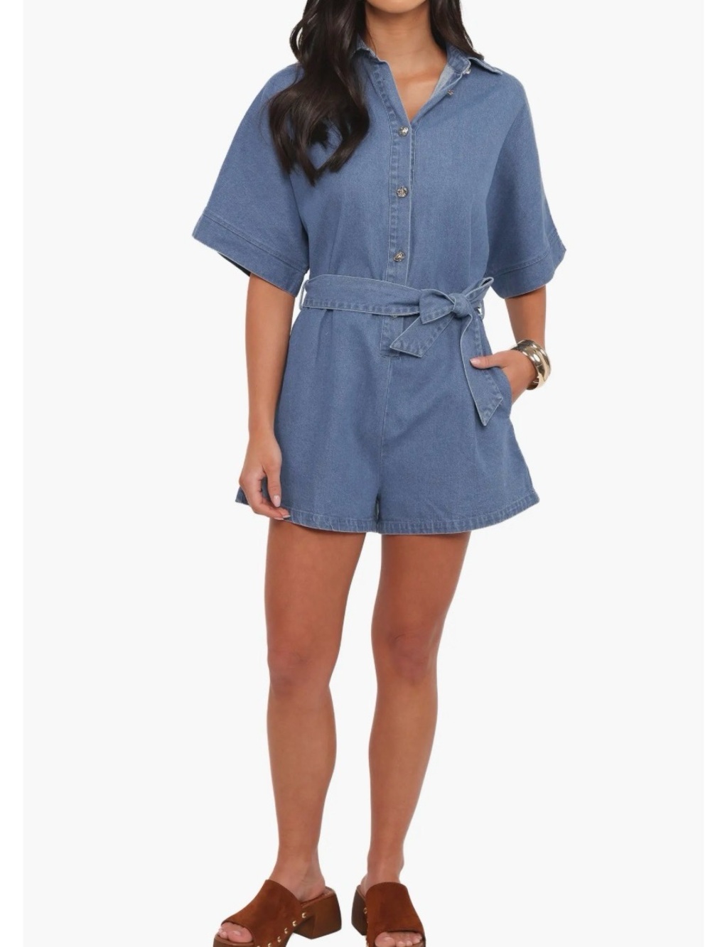 Petal & Pup Blue Hailey Belted Cotton Denim Romper XL *Missing Button
